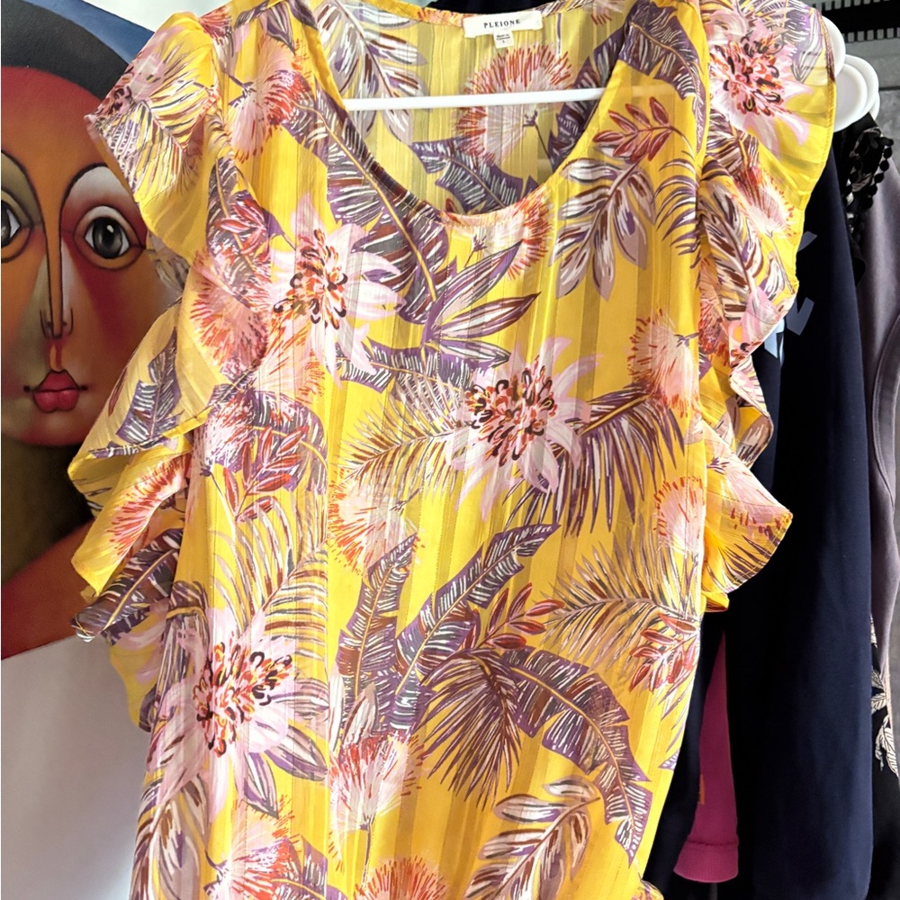 Pleione Yellow Floral Ruffle Blouse